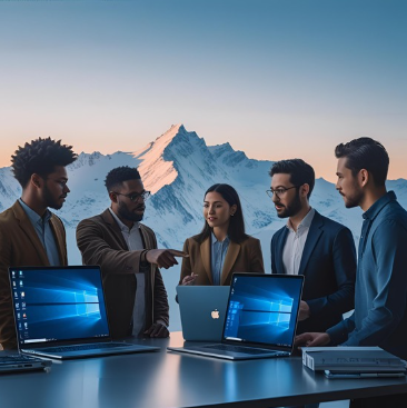 A collaborative tech scene featuring diverse people discussing Windows updates around laptops. One person points at a screen showing a Windows loading bar. Clean workspace with minimal lighting, a mix of modern tech gadgets, blue and silver tones, flat illustration style, slightly futuristic but friendly.